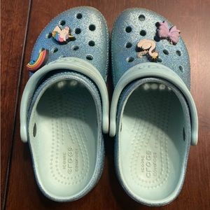 Crocs Iconic Comfort Blue Glitter Sparkle Girls Kids Child Size 11
